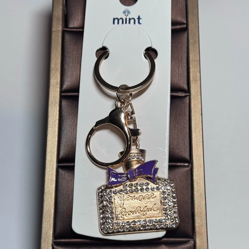 BAG CHARM MINT Bling Perfume Bottle Purple Enamel Bow Keychain You Are Beautiful